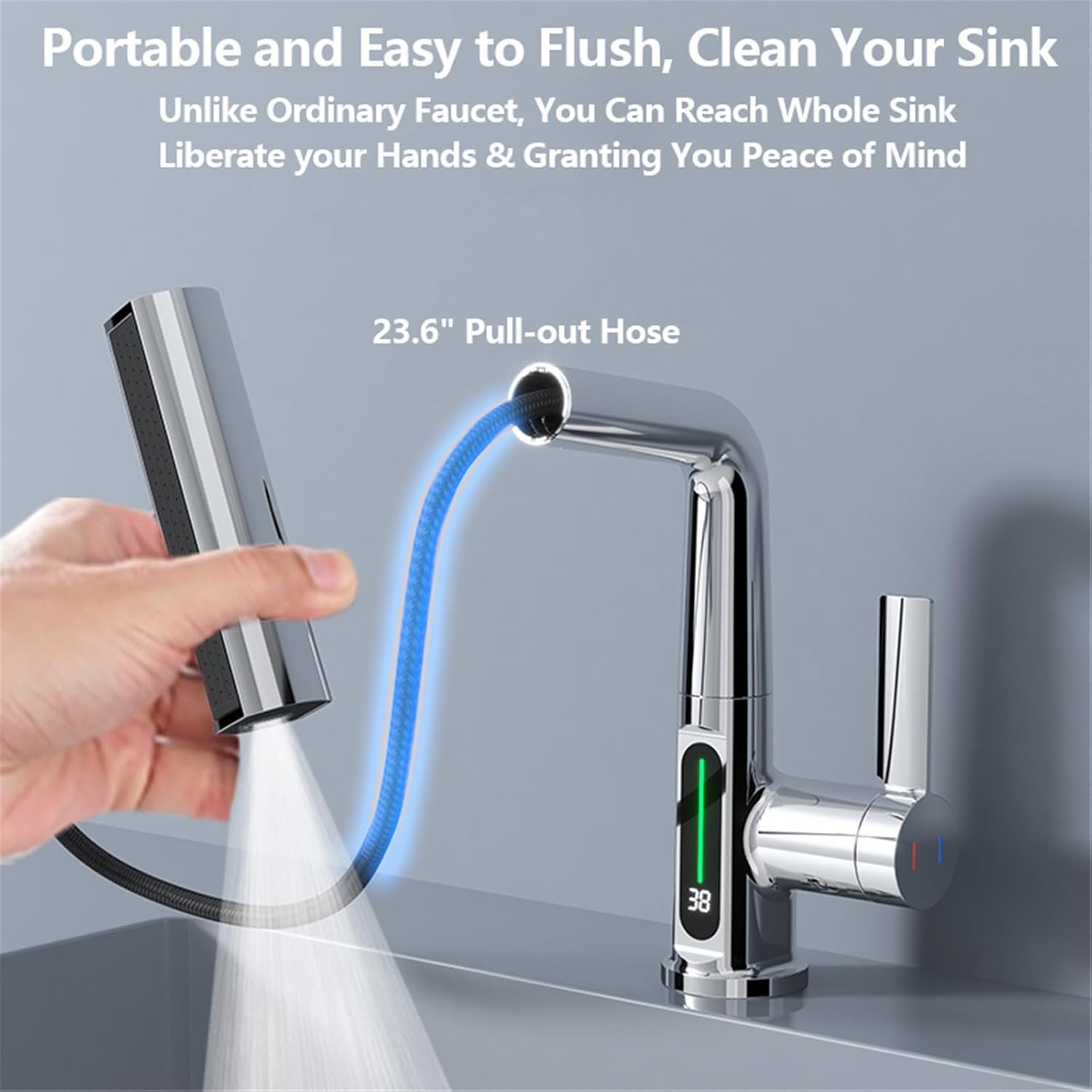 BARROCK Grifos de baño en cascada con rociador extraíble, moderno grifo de fregadero de baño extraíble con pantalla digital de temperatura, grifo