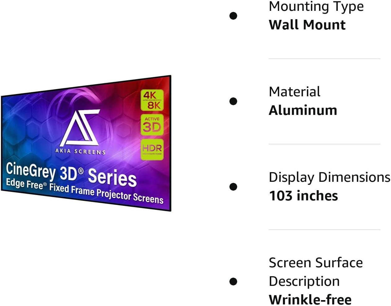 Akia Screens ALR Projector Screen 103 inch 169 4K Standard Throw Projection, High Contrast, Ceiling Ambient Light Rejecting Screen, Edge Free Fixed