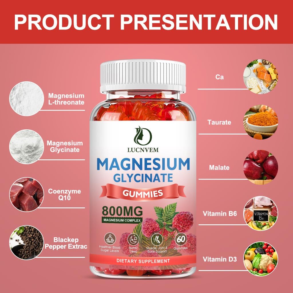 Gomitas de glicinato de magnesio sin azúcar, 500 mg de glicinato de magnesio con 200 mg de L-treonato de magnesio, taurato, malato, COQ10, vitamina