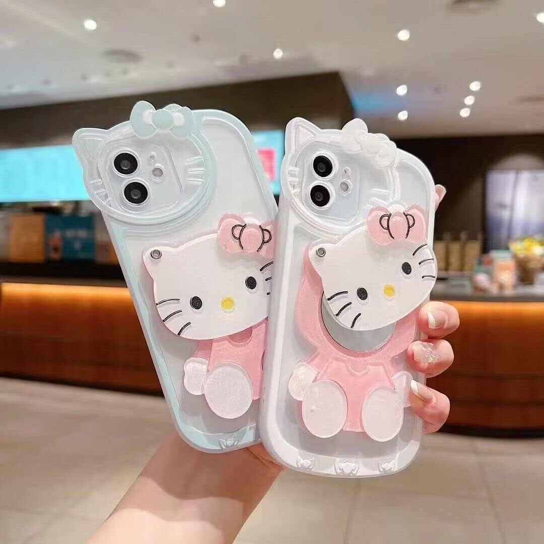 Olntun for iPhone 11 Cute Cartoon Cat Case,3D Bow Kawaii Pink Cartoon Cat Face Makeup Mirror Women Girls Kids Soft TPU Clear Protective Phone Cover