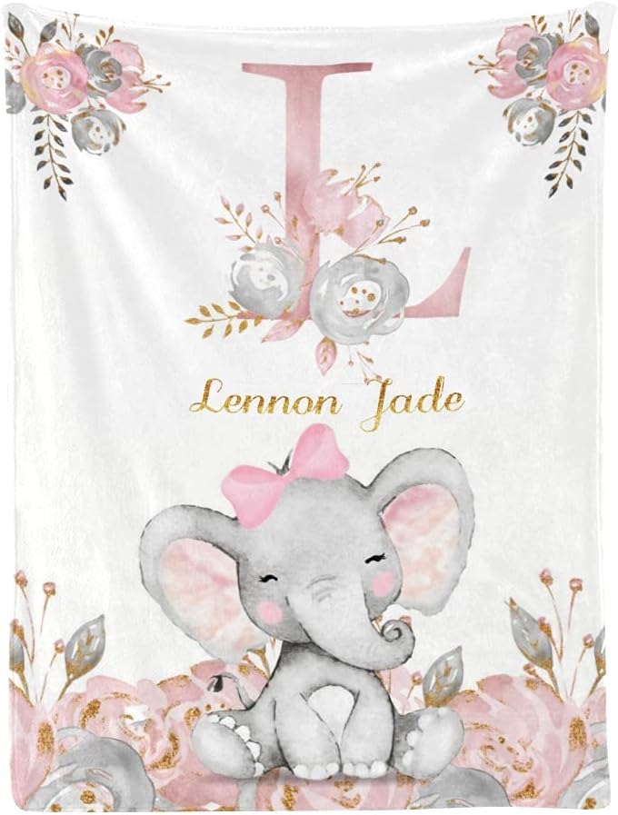 Manta de bebé personalizada, monograma rosa, lindo elefante personalizado, mantas de 30 x 40 pulgadas para bebé, niño y niña con nombre, baby