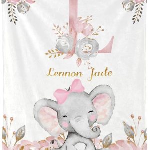 Manta de bebé personalizada, monograma rosa, lindo elefante personalizado, mantas de 30 x 40 pulgadas para bebé, niño y niña con nombre, baby Manta de bebé personalizada, monograma rosa, lindo elefante personalizado, mantas de 30 x 40 pulgadas para bebé, niño y niña con nombre, baby
