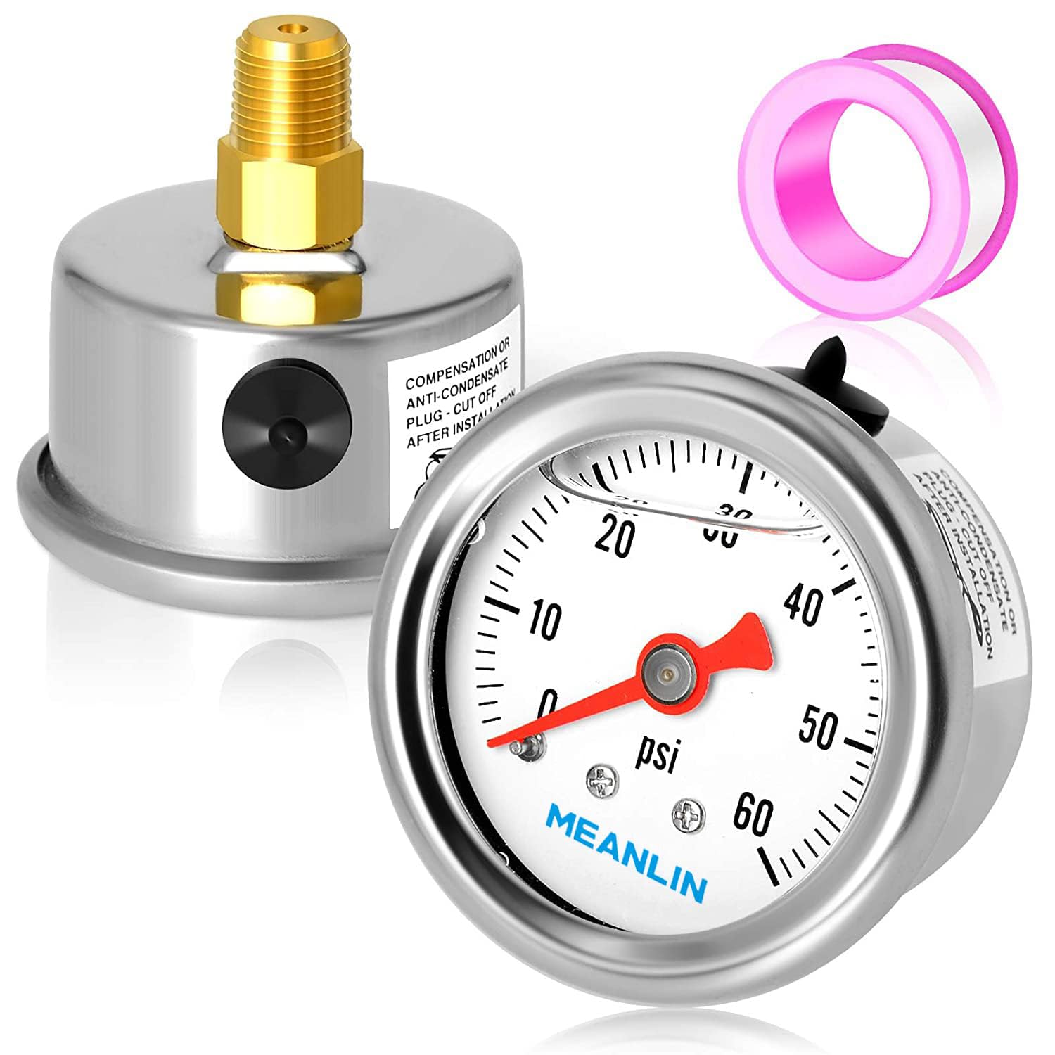 MEANLIN MEASURE Medidor de presión de 0  60 psi, esfera con cara NPT de 1.5 pulgadas, relleno de glicerina, de acero inoxidable, con relleno de