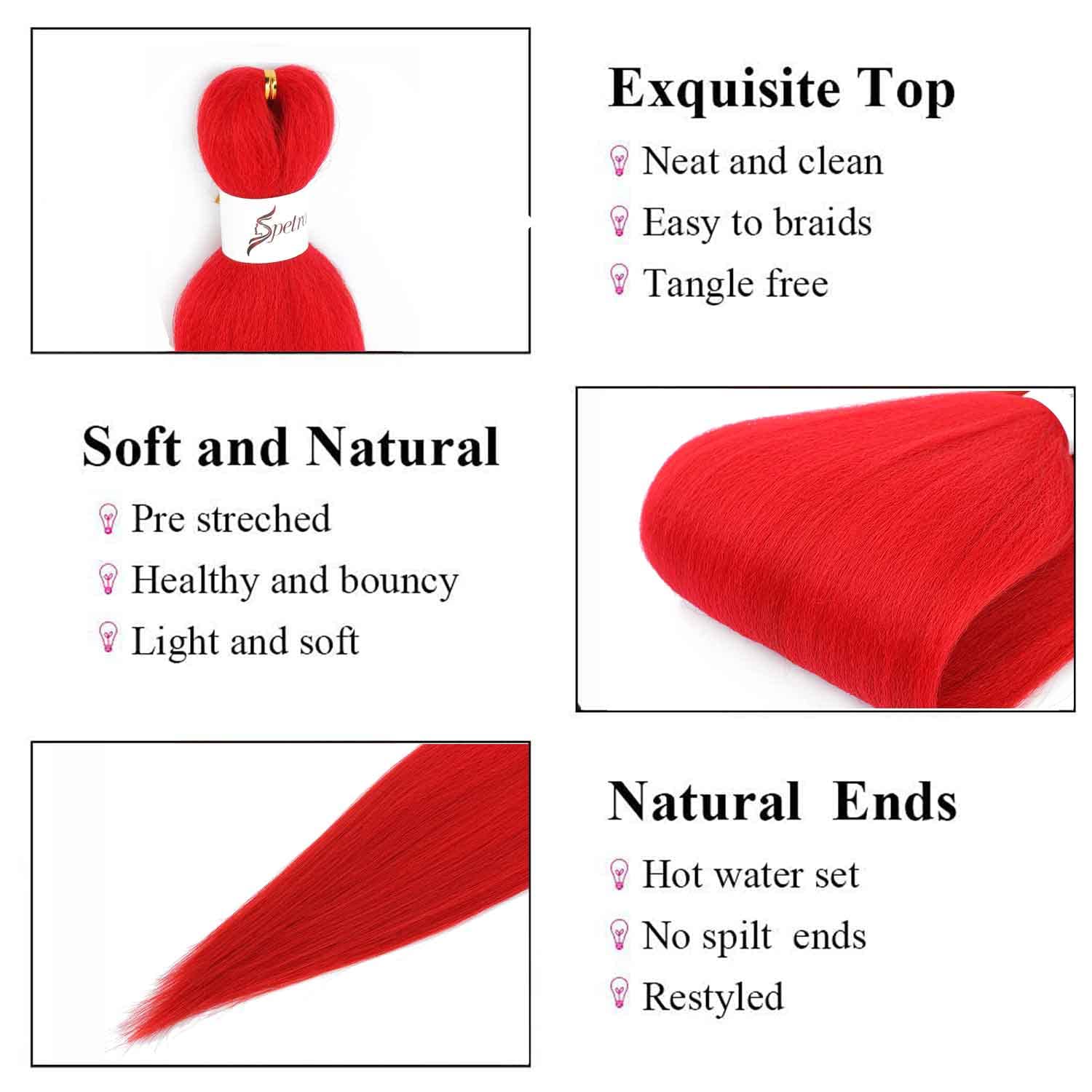 SOKU Cabello trenzado rojo preestirado de 24 pulgadas de largo, cabello trenzado rojo, 4 paquetes de fibra sintética de ganchillo trenzadas, textura