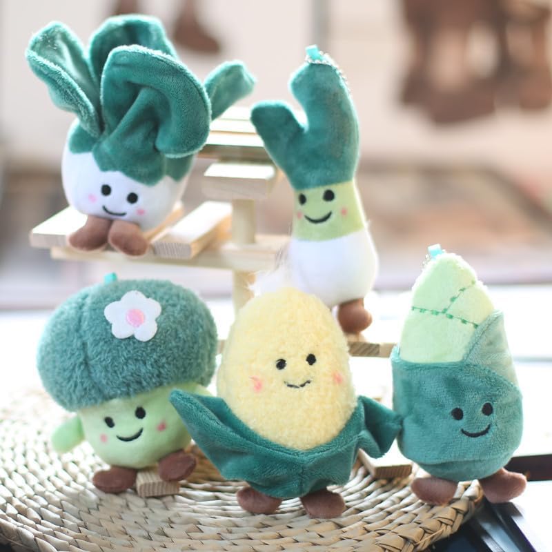 XICHEN 5 piezas de juguete de peluche vegetal decoración colgante llavero muñeca pequeña (colbrócolimaízcebolletabrotes de bambú)