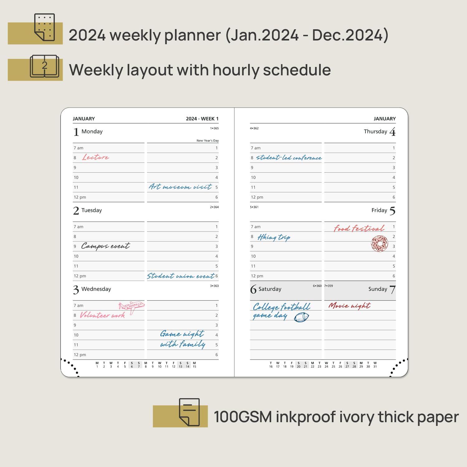 POPRUN Calendario de bolsillo 2024 planificador semanal y mensual para bolso  Agenda 2024 con cubierta suave de cuero vegano, cierre elástico,