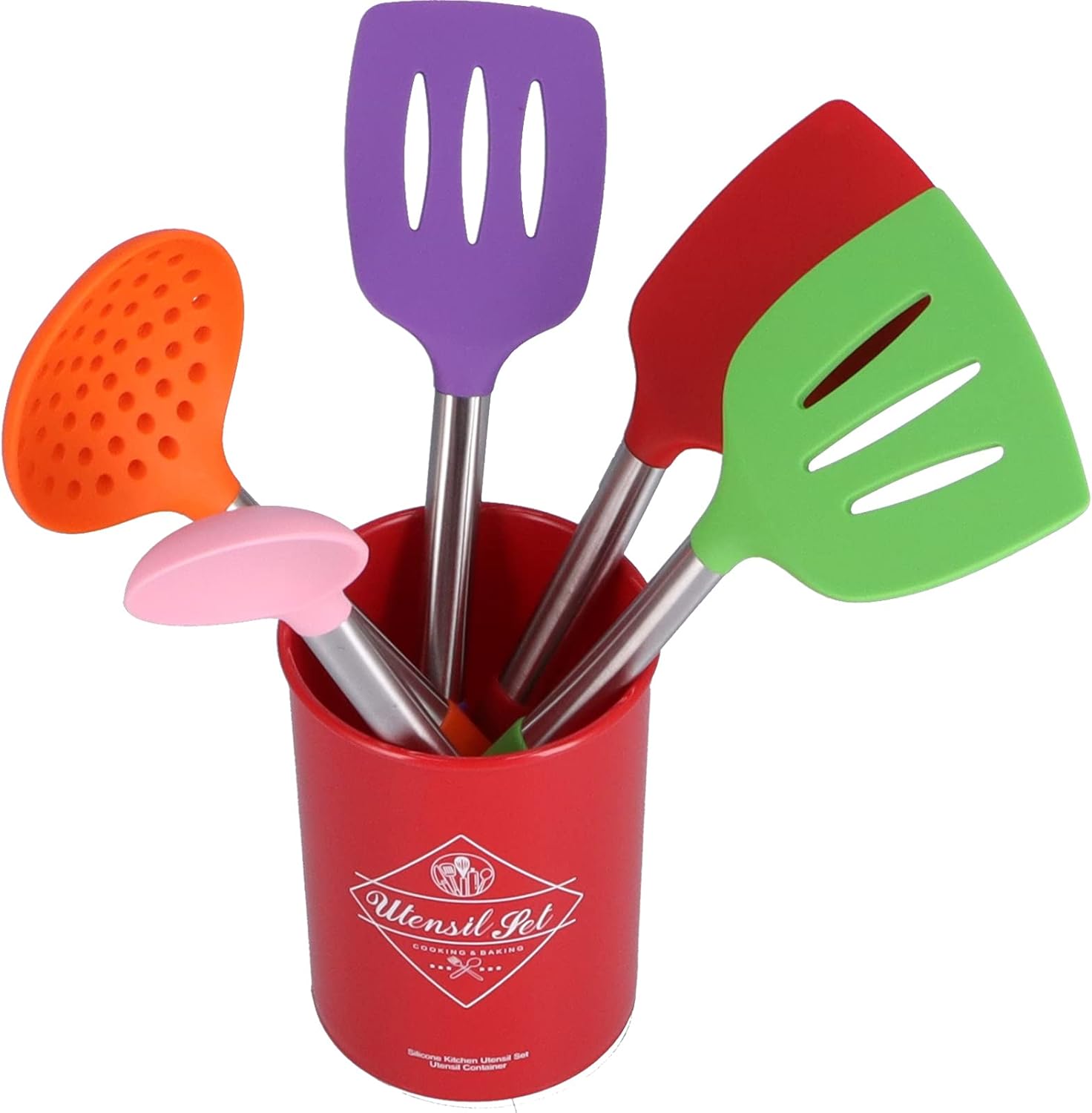 Juego de utensilios de cocina de silicona de 15 piezas con mango de acero inoxidable resistente al calor con soporte para cocinar utensilios de
