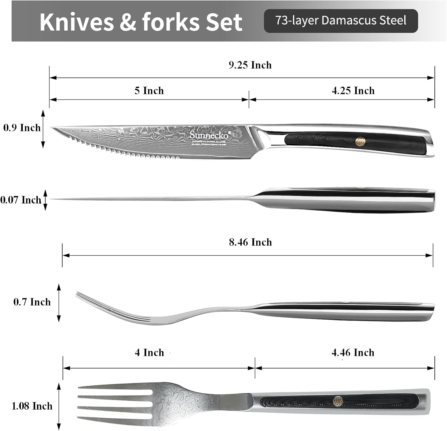 Sunnecko Damasco – Juego de 8 cuchillos para carne de acero inoxidable VG10 con dentadura y dentados, aptos para lavavajillas, juego de cuchillos y