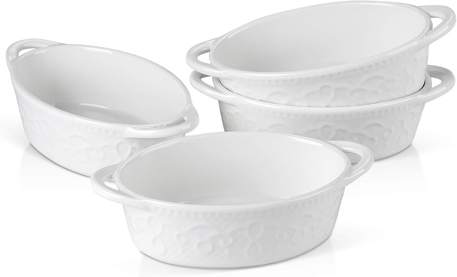 MALACASA Platos de soufflé, Ramequines de 10.5 onzas para hornear, cuencos con patrón de vid blanca con doble asa, aptos para horno, para pudín,