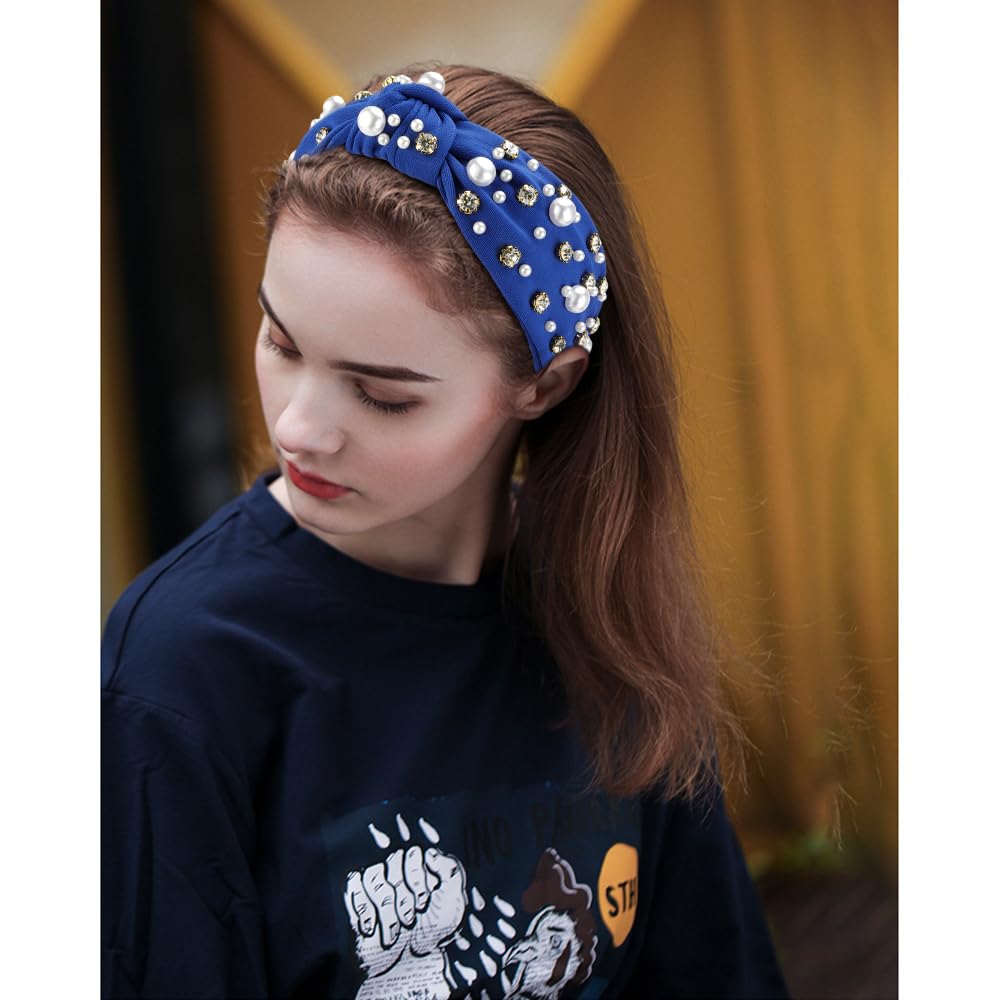 Atoden Diademas anudadas con diamantes de imitación de perlas azul real para mujer, diademas anchas con nudo superior con cuentas, bandas de cabeza