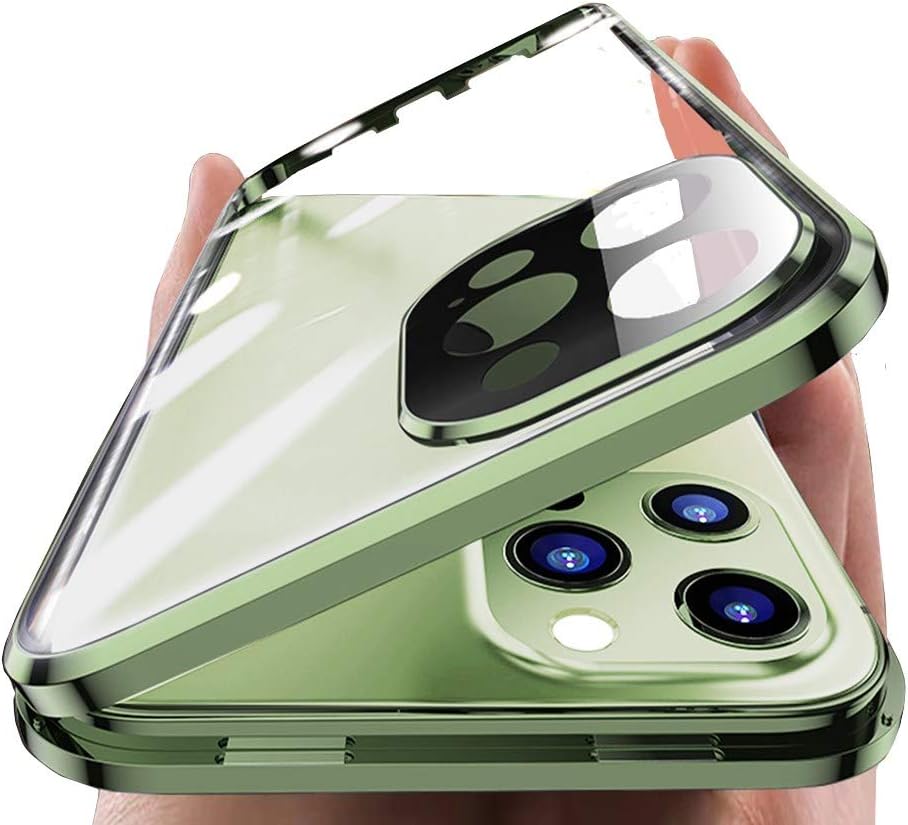 Funda Henghui magnética, con cierre, para iPhone 12 Pro Max, de vidrio, con protector de pantalla y cierre de seguridad para lente de cámara, cuerpo