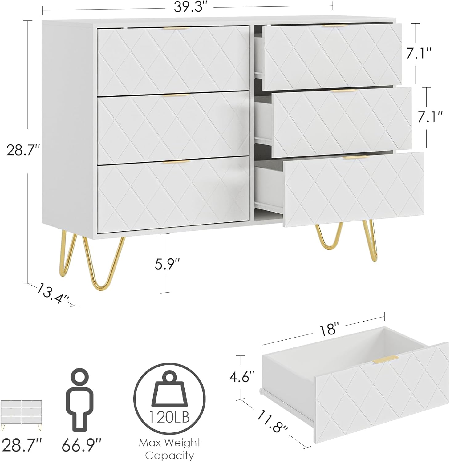 Masupu Cómoda de 6 cajones, moderna cajonera, cómoda de almacenamiento ancha con patas de metal, cómoda para dormitorio, sala de estar, armario,
