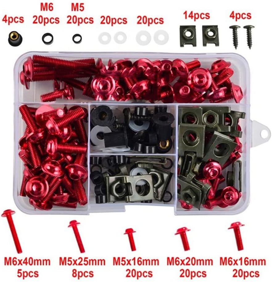 Juego de 177 pernos de carenado de motocicleta universales de aluminio, con clip de fijación para Honda Kawasaki Suzuki Yamaha, rojo