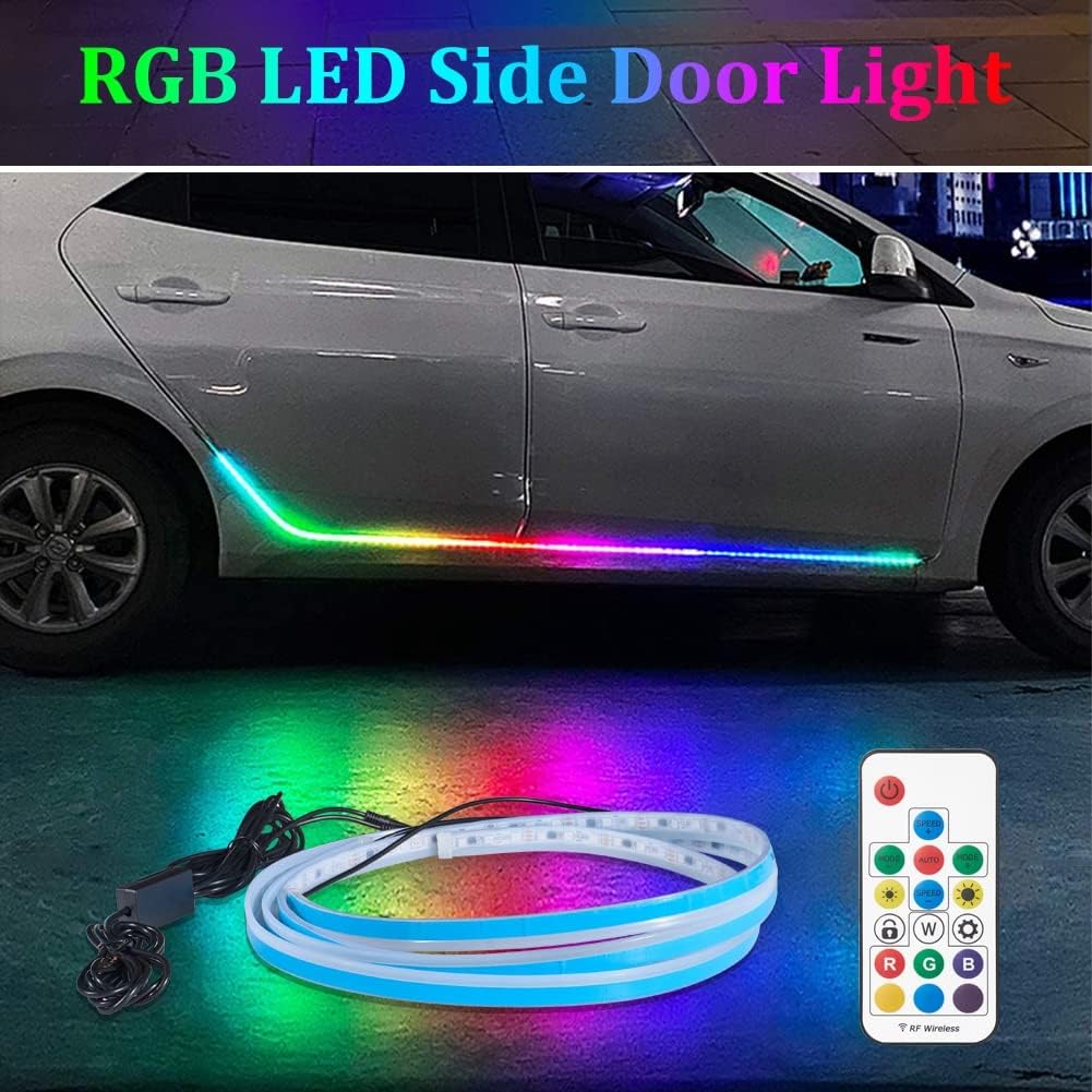 JSCARLIFE Luces RGB para estribo, tira de luz LED para automóvil, faldas de puerta lateral exterior, iluminación ambiental, luces de neón remotas