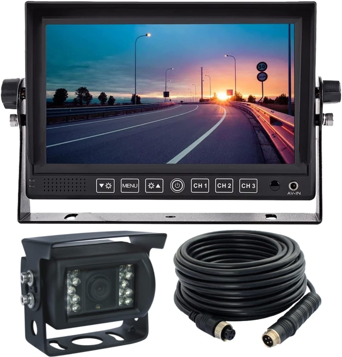 Kit de sistema de cámara de retrovisión trasera con cable, monitor de 7 pulgadas con audio, líneas de estacionamiento, cámara IR IP69K de tasa
