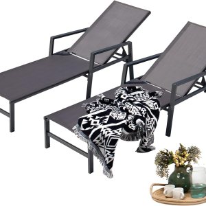 Juego de 2 tumbonas ajustables de aluminio para patio, reposabrazos con respaldo de 5 posiciones ajustables, silla reclinable para piscina, Juego de 2 tumbonas ajustables de aluminio para patio, reposabrazos con respaldo de 5 posiciones ajustables, silla reclinable para piscina,