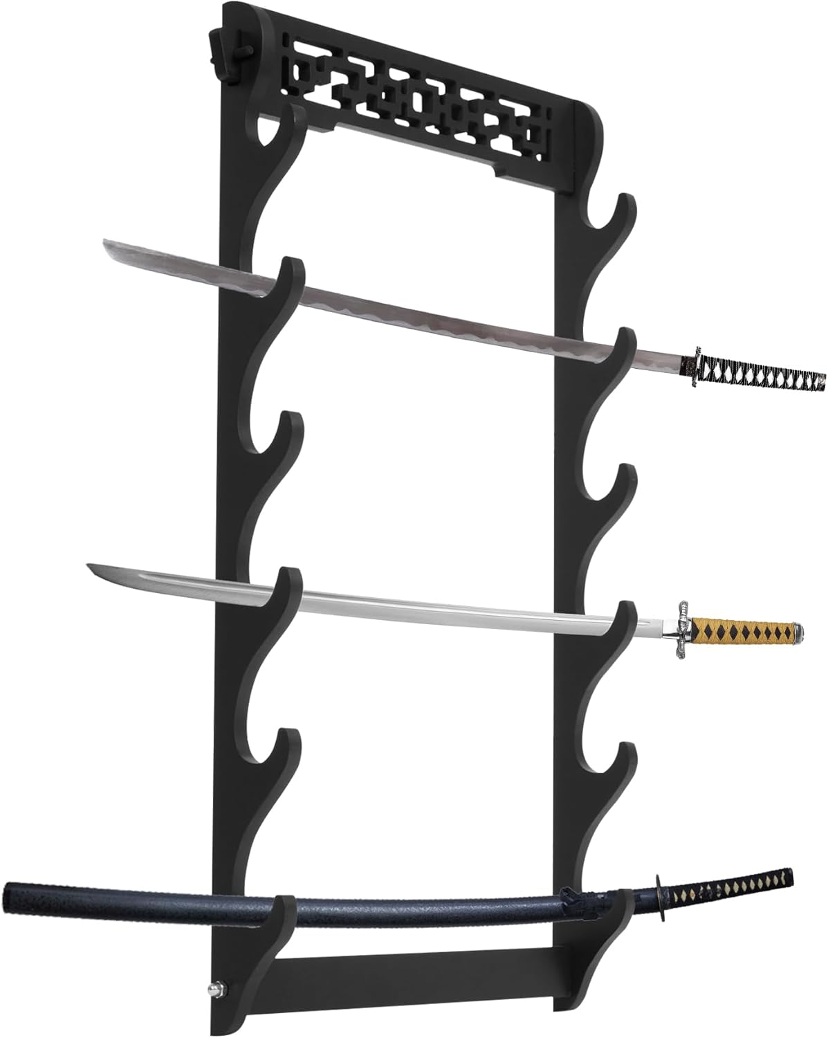 Soporte de pared para espada de 6 niveles, soporte de pared de espada Katana negra, soporte de pared para espada de madera, soporte de espada