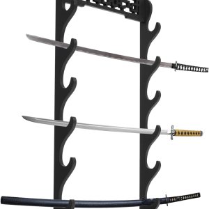 Soporte de pared para espada de 6 niveles, soporte de pared de espada Katana negra, soporte de pared para espada de madera, soporte de espada Soporte de pared para espada de 6 niveles, soporte de pared de espada Katana negra, soporte de pared para espada de madera, soporte de espada