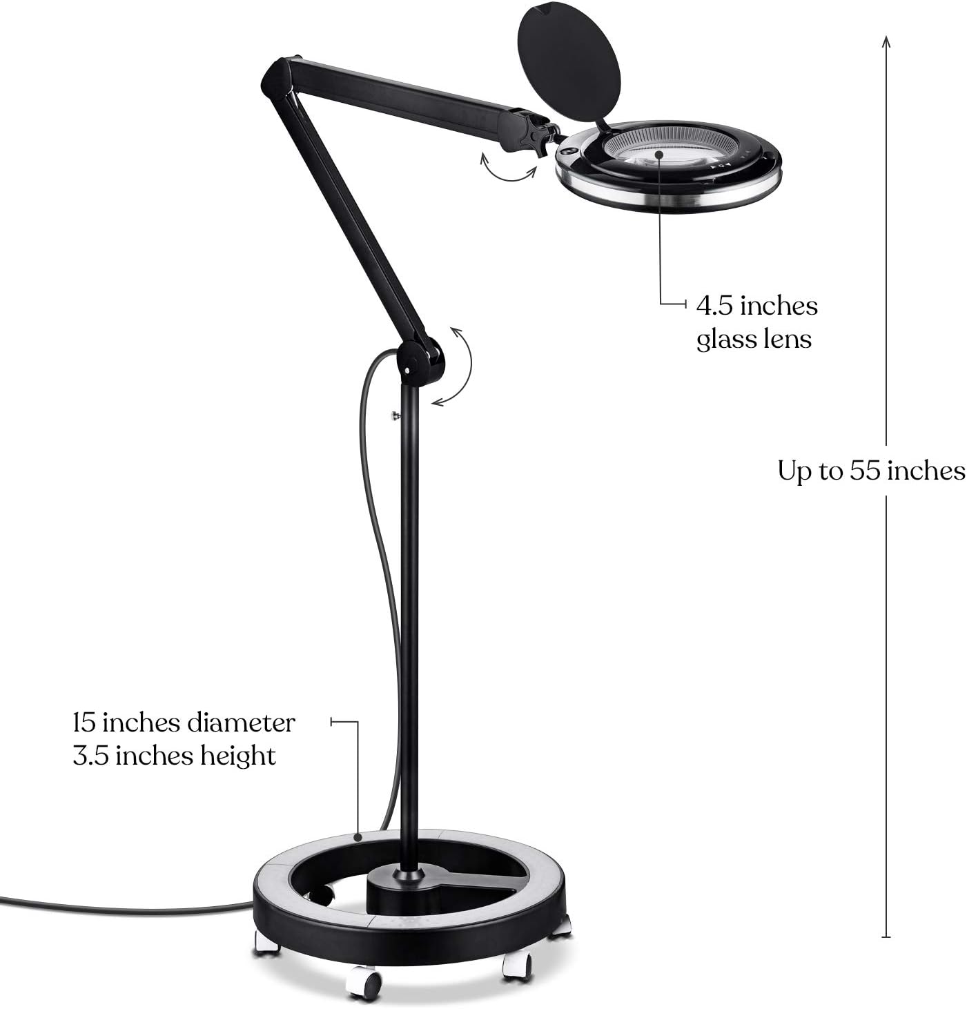 Brightech Lightview Pro – Lupa con soporte y luz, lámpara de pie con lupa con base rodante de 6 ruedas para tratamientos faciales y pestañas, luz de