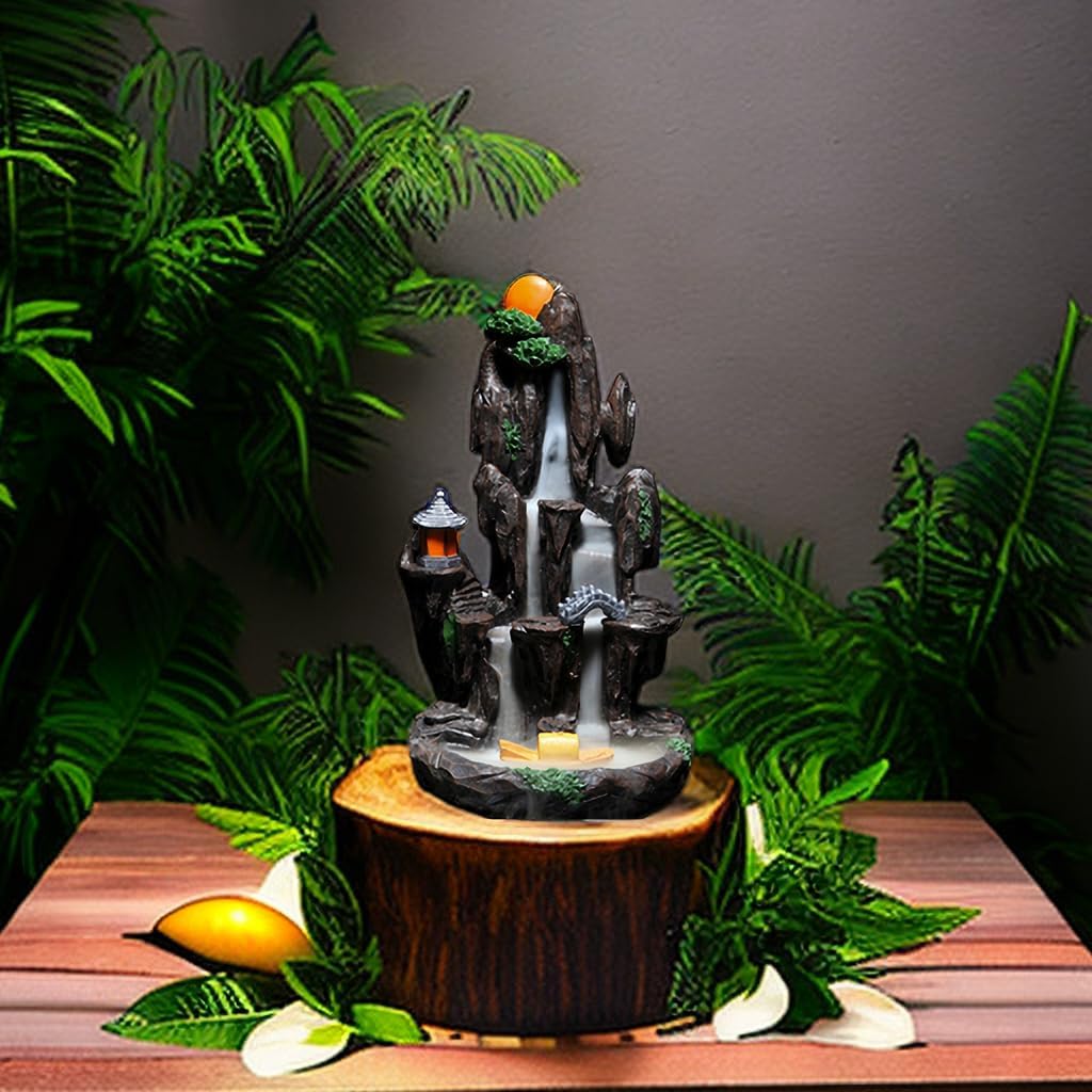 TANZEQI Quemador de incienso de cascada Feng Shui, soporte de incienso de reflujo zen y cascada, con 130 conos de incienso de reflujo, adorno de