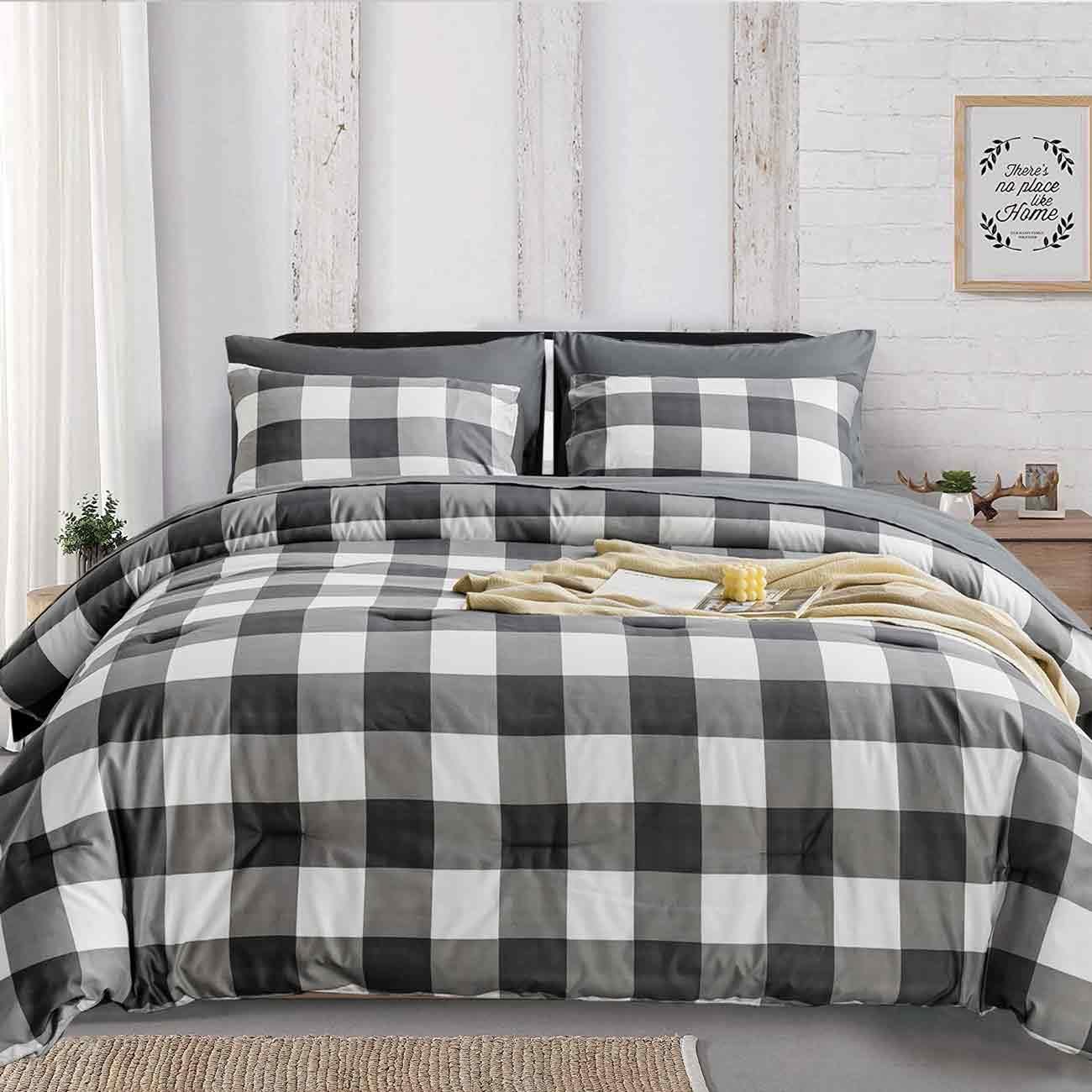 Edredón de tamaño King gris y blanco, juego de ropa de cama de 3 piezas, color gris claro, a cuadros neutros, ligero, para todas las estaciones,