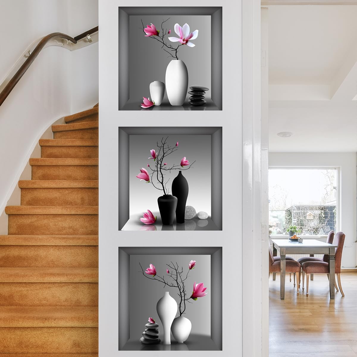 Calcomanías de pared para jarrones 3D, color blanco y negro, piedras estéreas, orquídeas, flores, impermeables, removibles, plantas de flores rosas,