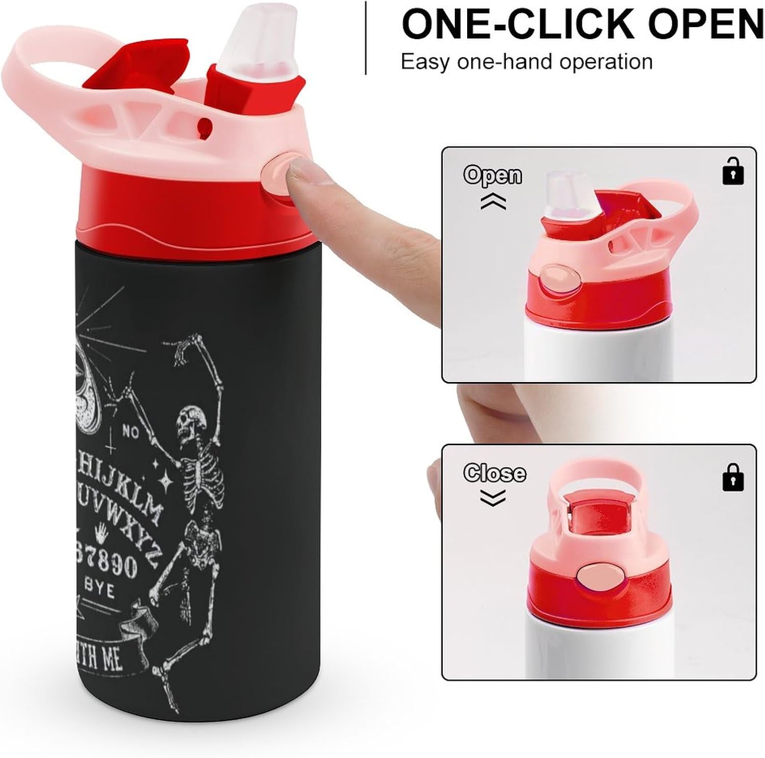 Botella de agua de viaje de acero inoxidable con diseño de bruja mágica de esqueleto gótico negro con pajilla, reutilizable, para hombres y mujeres