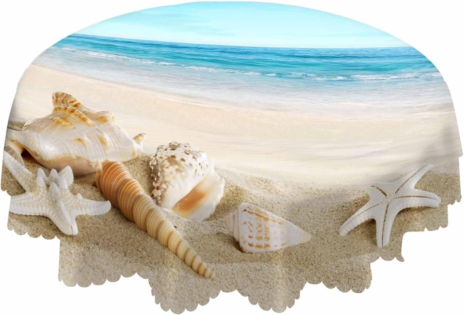 AOYEGO Mantel redondo de 60 pulgadas con diseño de concha de playa tropical oceánica, estrella de mar, cielo arena, mantel de poliéster para