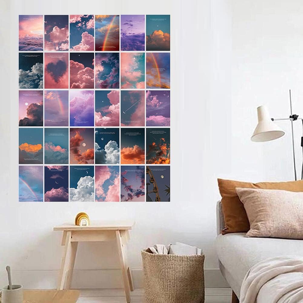 XKANG 30PCS Single sided Sky Clouds Wall Collage Kit,Aesthetic Room Posters Decor Pictures for Teen Girls,Decorations for Living Room,Bedroom,Dorm,