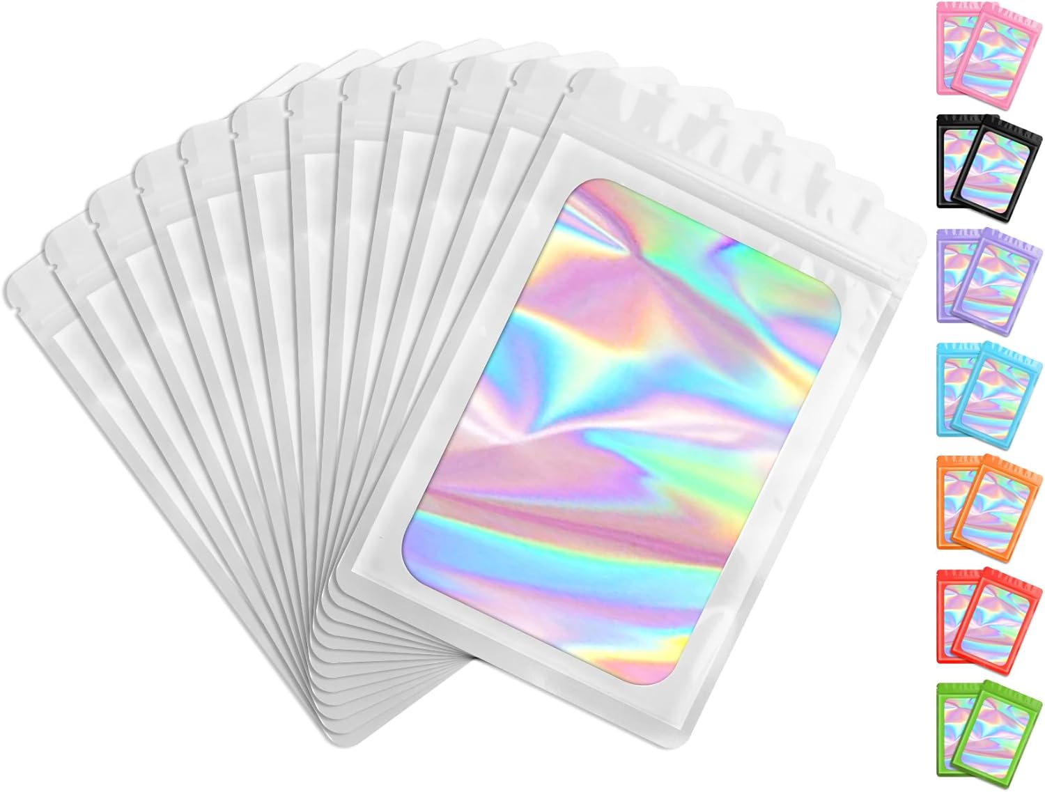 Funfery Paquete de 100 bolsas resellables holográficas transparentes, bolsas de embalaje a prueba de olores, bolsas de almacenamiento de alimentos