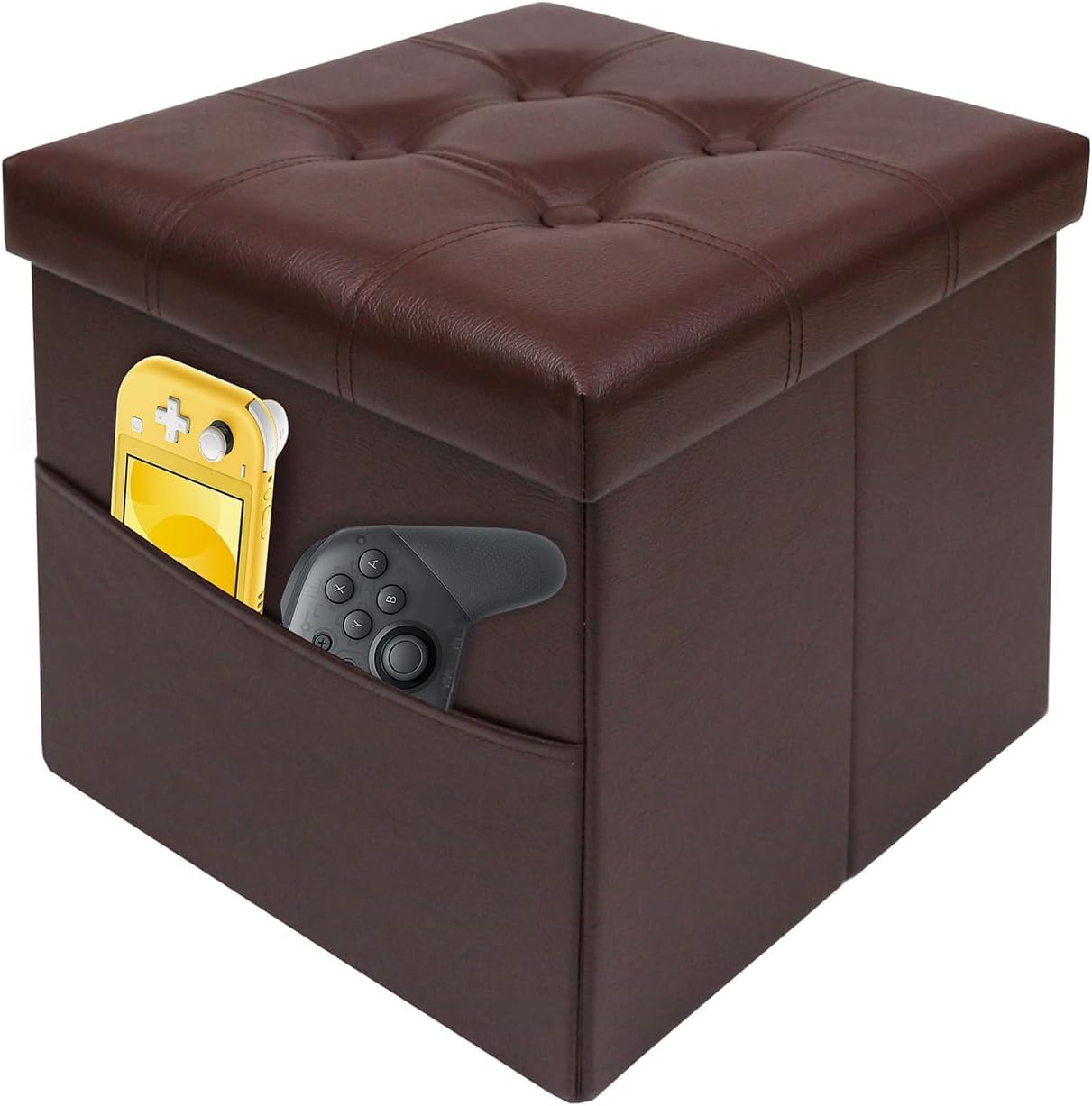 xuperbonus Otomana cuadrada de almacenamiento plegable de 15 pulgadas con bolsillo lateral, cubo de cuero marrón, reposapiés, asiento para