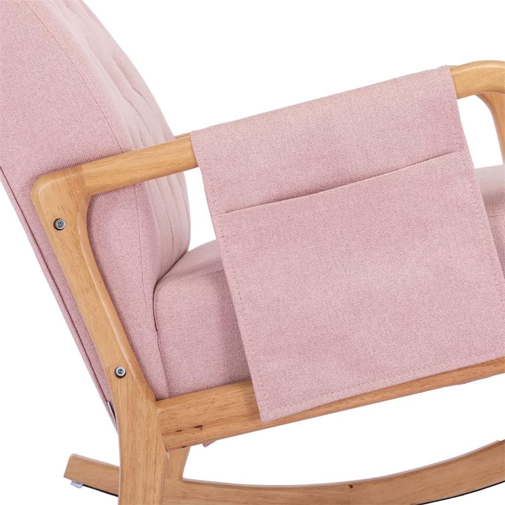 Mecedora con otomana, moderna tapizada de tela con base de madera maciza y bolsillo lateral, cómoda silla individual de respaldo alto con cojín