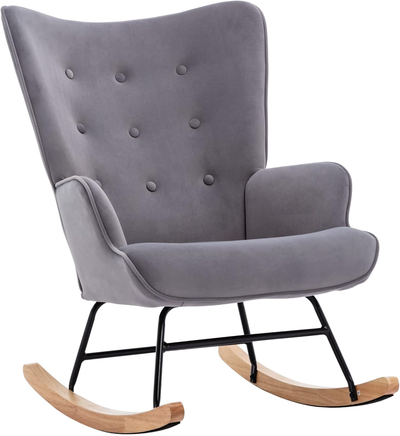 Mecedora de terciopelo para habitación del bebé, silla mecedora para interiores con respaldo de ala, con base de madera maciza, cómoda silla