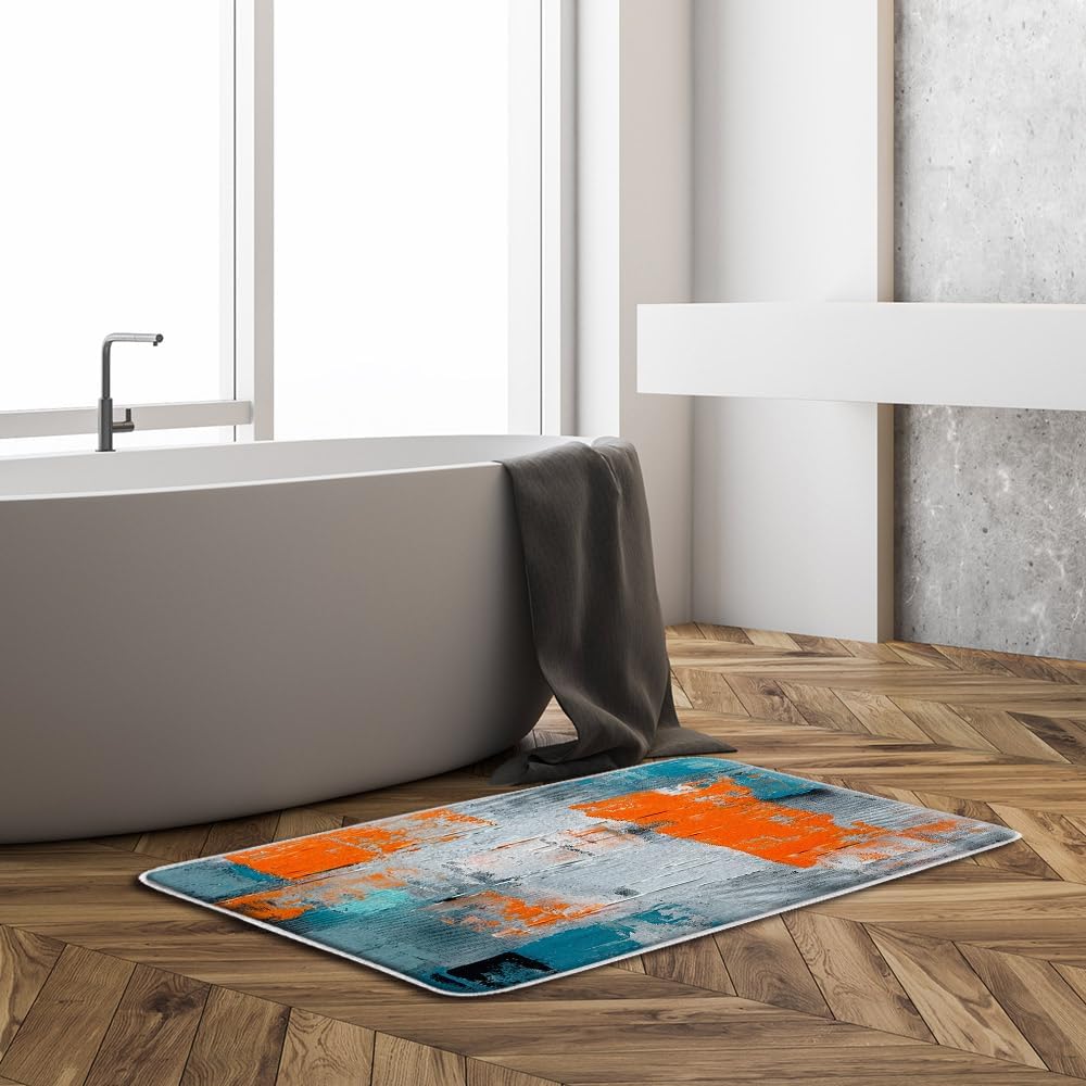 Tapete de baño turquesa, gris y naranja, azul quemado, verde azulado, naranja y gris, pintura abstracta de pinceladas, arte moderno, decoración de