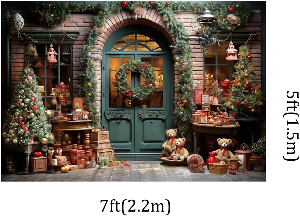 Kate 7x5ft Patio Familiar Árbol de Navidad Decoración Fotografía Fondos de Casa de Ladrillo Puerta Frontal Caja Cuentas Oso Foto Fondo