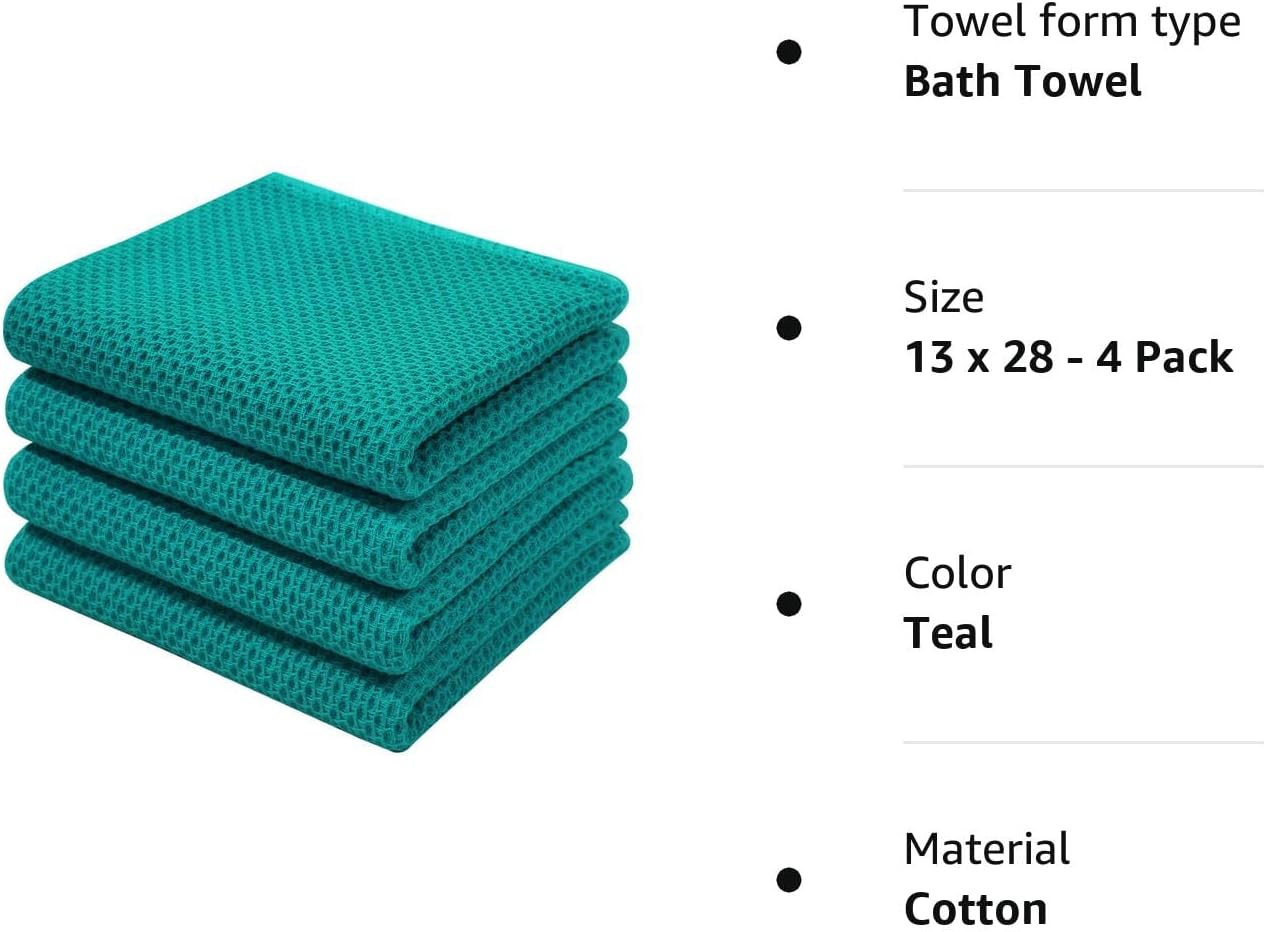 Homaxy Toallas de cocina 100% algodón con tejido gofre, ultra suaves, absorbentes, de secado rápido, 13 x 28 pulgadas, paquete de 4, color verde