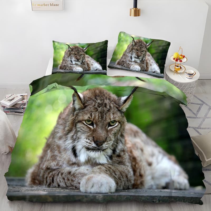Gray Wildlife Duvet Cover Queen Lynx Print Bedding Sets Queen Soft Microfiber Comforter Cover and 2 Pillow Shams 20″X26″, Bed Set Duvet Covers with