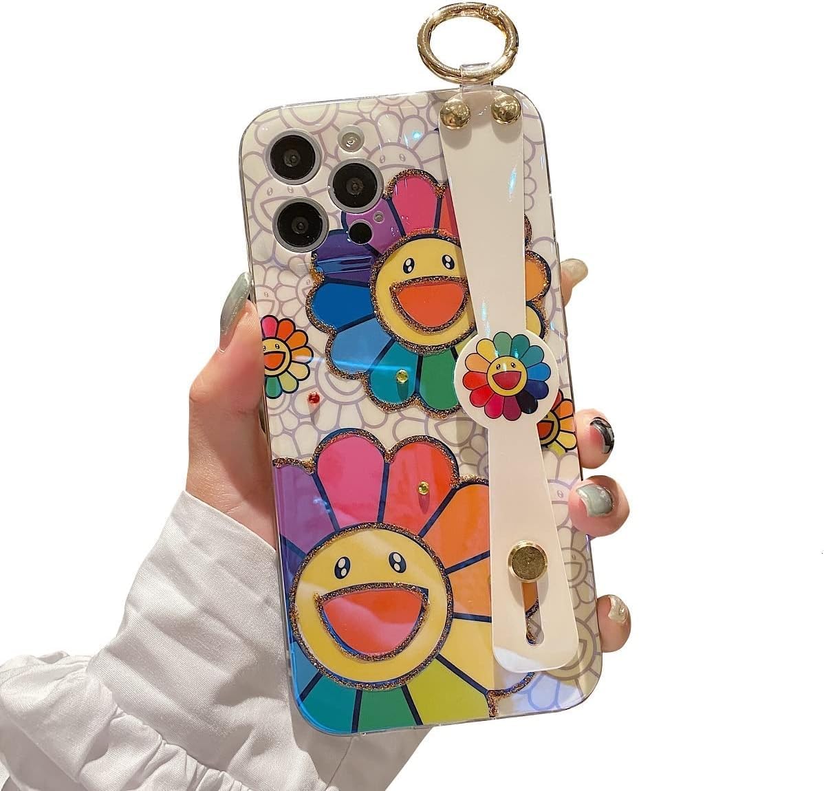 Funda para iPhone 15 Pro linda con correa de muñeca con función atril y purpurina de dibujos animados IMD de silicona TPU a prueba de golpes para