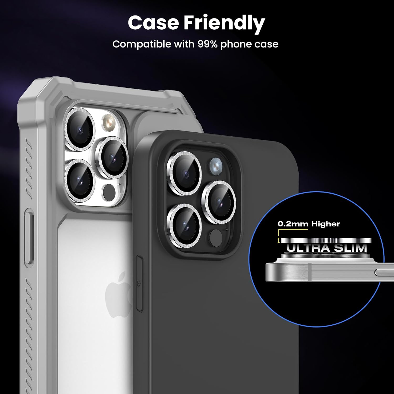 Tensea Protector de lente de cámara para iPhone 15 ProiPhone 15 Pro Max, protector de pantalla de vidrio templado 9H, anillo individual de metal
