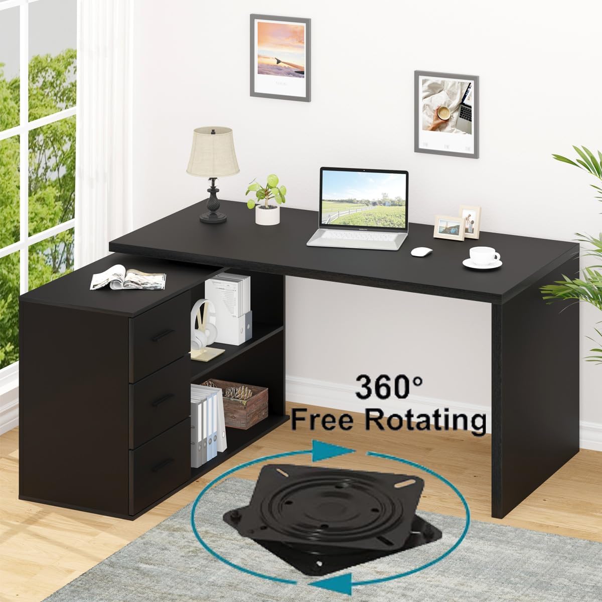 HSH Escritorio negro en forma de L con estantes de cajones, escritorio giratorio de 360 grados para oficina en casa en forma de L con gabinete de