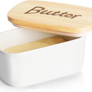 Mantequera de cerámica con tapa de madera, soporte grande para mantequilla cubierto para encimera, recipiente para mantequilla perfecto para Mantequera de cerámica con tapa de madera, soporte grande para mantequilla cubierto para encimera, recipiente para mantequilla perfecto para