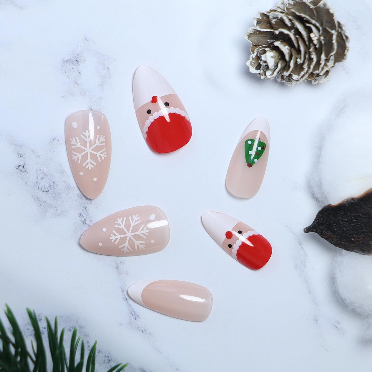 Uñas postizas medianas a presión con forma de almendra, lindas uñas postizas con pegamento de Papá Noel, copos de nieve, punta francesa, uñas