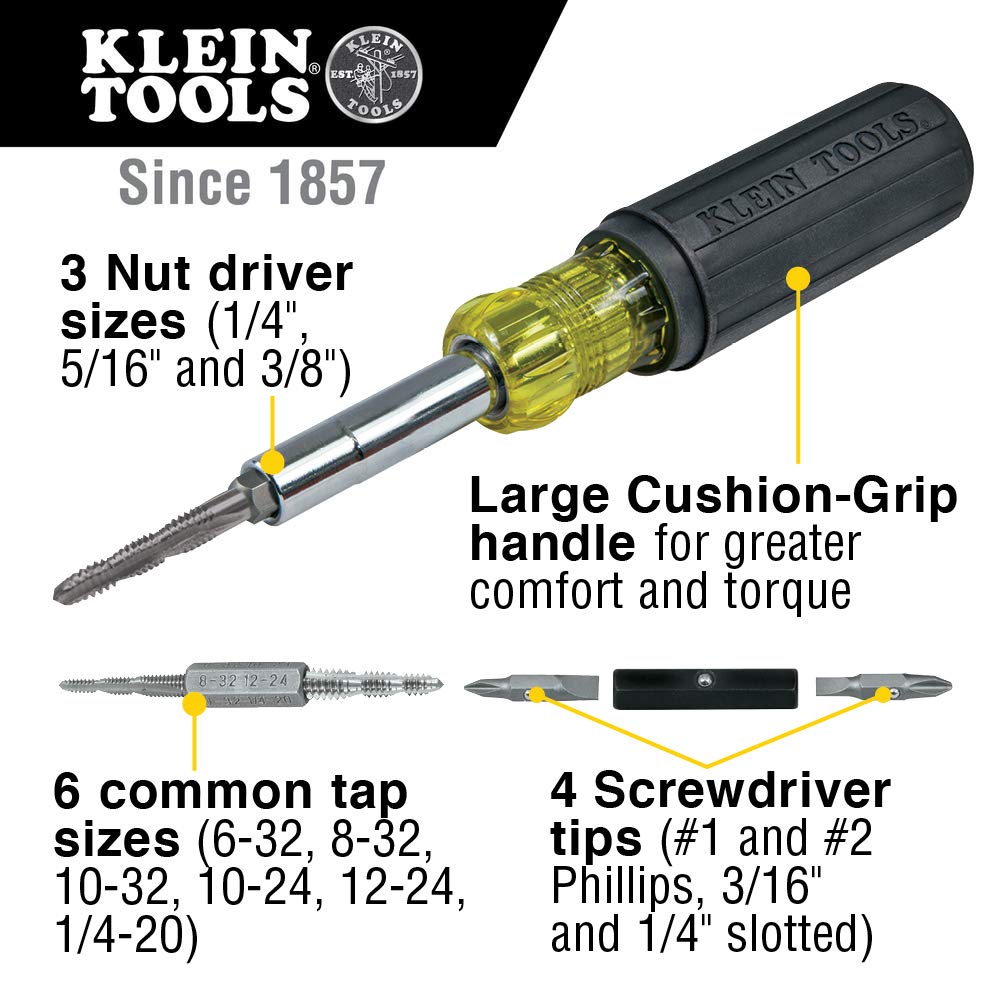 Klein Tools 32517 Destornillador multibroca con 6 tamaños de grifo comunes, 4 puntas de destornillador y 3 tamaños de destornillador de tuercas