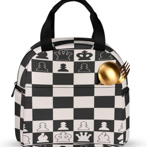 Lonchera con tablero de ajedrez blanco y negro, aislada, grande para adultos, hombres y mujeres, bolsas de almuerzo reutilizables a prueba de fugas, Lonchera con tablero de ajedrez blanco y negro, aislada, grande para adultos, hombres y mujeres, bolsas de almuerzo reutilizables a prueba de fugas,