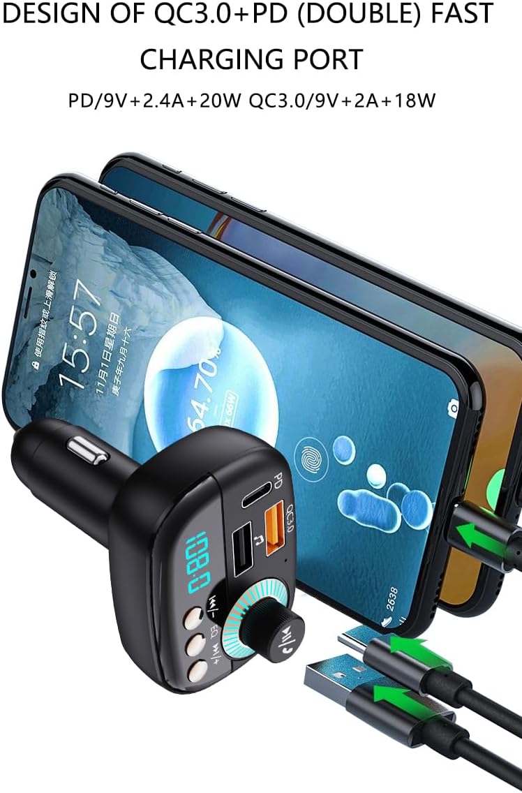 Transmisor FM Bluetooth 5.1 para automóvil, reproductor de MP3 manos libres, kit de audio de radio inalámbrico, carga PD carga rápida de 20 W +