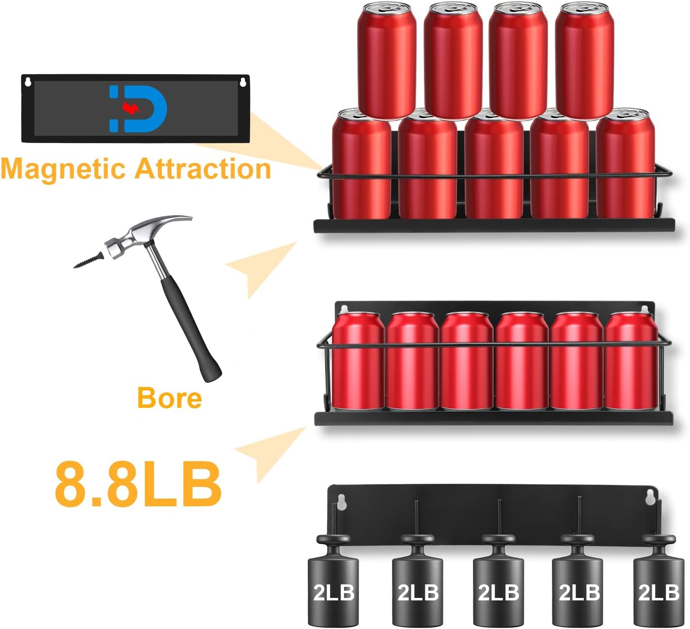 Estante magnético para especias para refrigerador, paquete de 3 estantes magnéticos, organizador magnético móvil para refrigerador con 9 ganchos