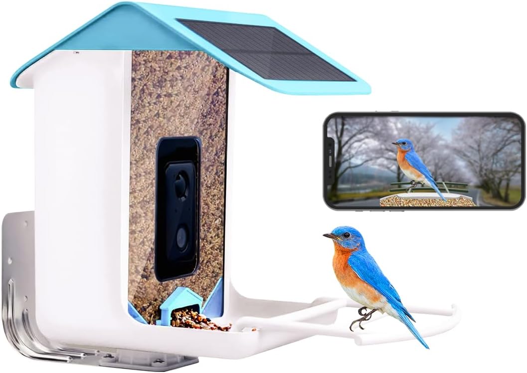 Comedero para pájaros con cámara, alimentador de video para pájaros con reconocimiento AI, notificación automática detectada de aves, conexión WiFi
