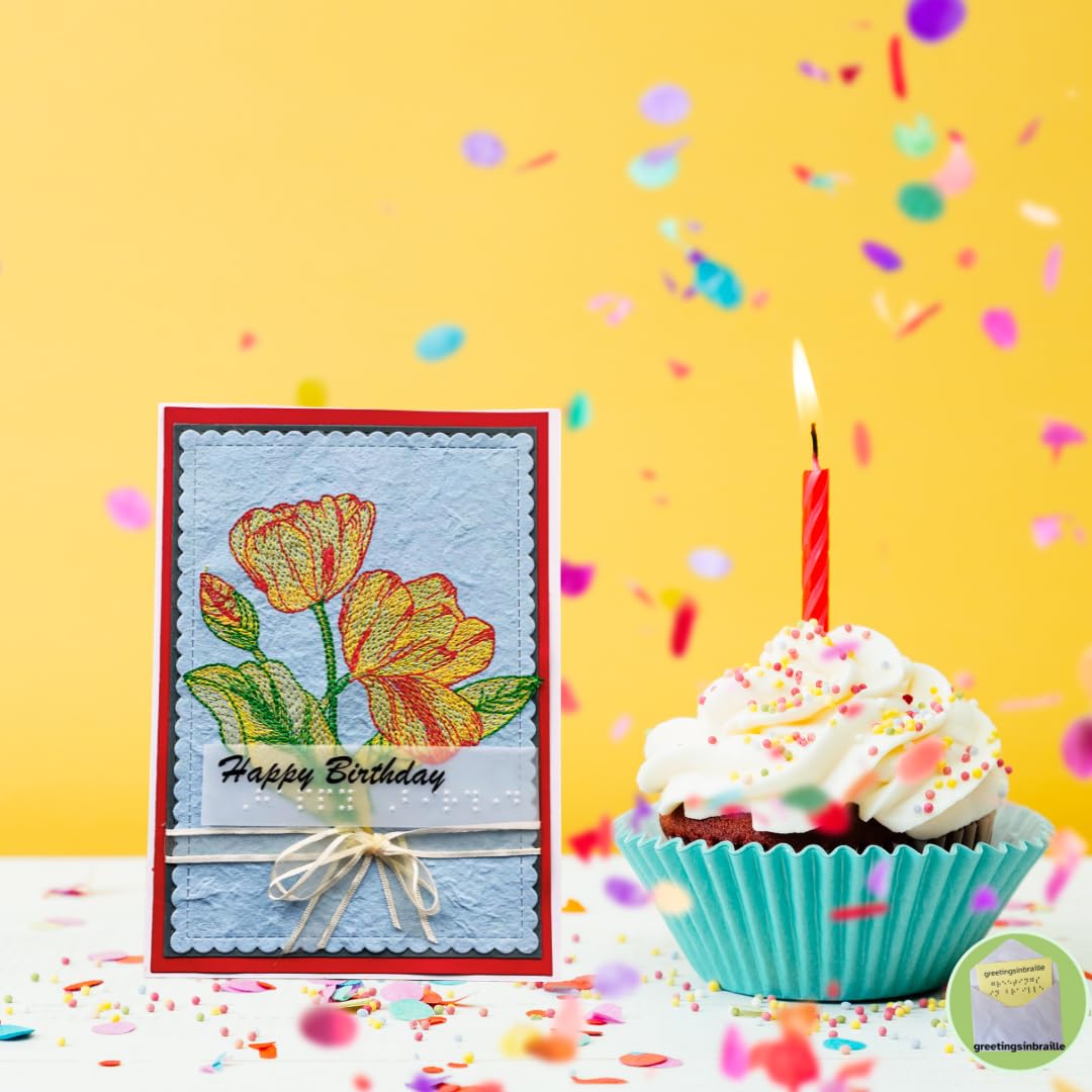 Greeting Cards – Personalized & Custom Handmade Handcrafted Card – Flower Based Message -Gift For Visually Impaired (Stitched Tulips)