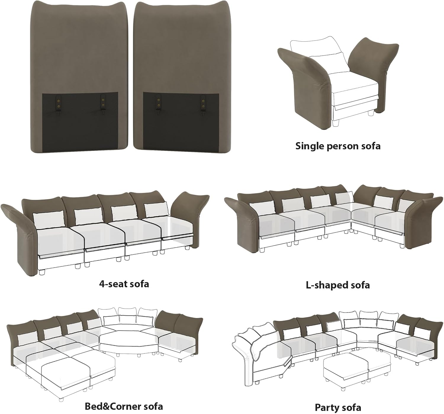 LLappuil Par modular de sofá modular con respaldo y reposabrazos laterales para sofá modular convertible, sofá modular y reposabrazos lateral,
