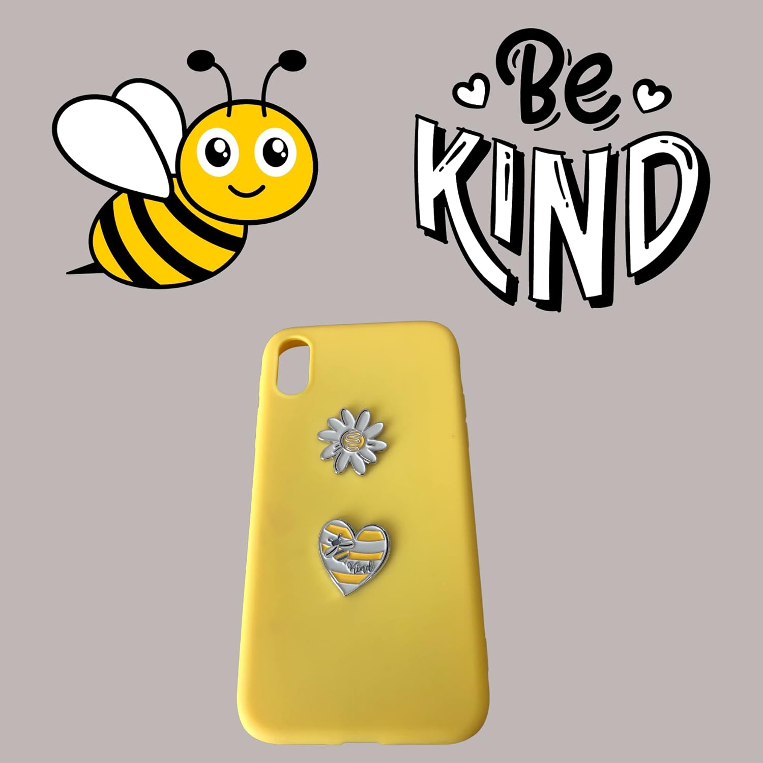 Pegatinas de metal para fundas de teléfonos celulares. Corazón amarillo y flor blanca. Juego de 2 hojas reutilizables y extraíbles sin residuos. Bee